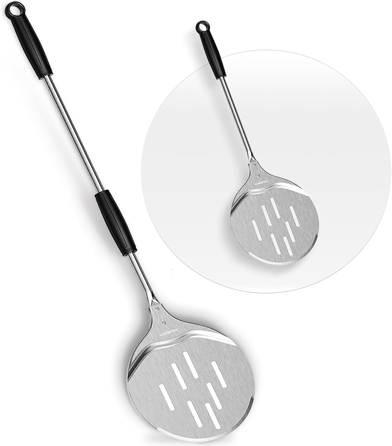 AmeierGro Pala giratoria y giradora de pizza de 9 pulgadas, accesorios para horno de pizza, cucharas giratorias de pizza Pala con mango extensible