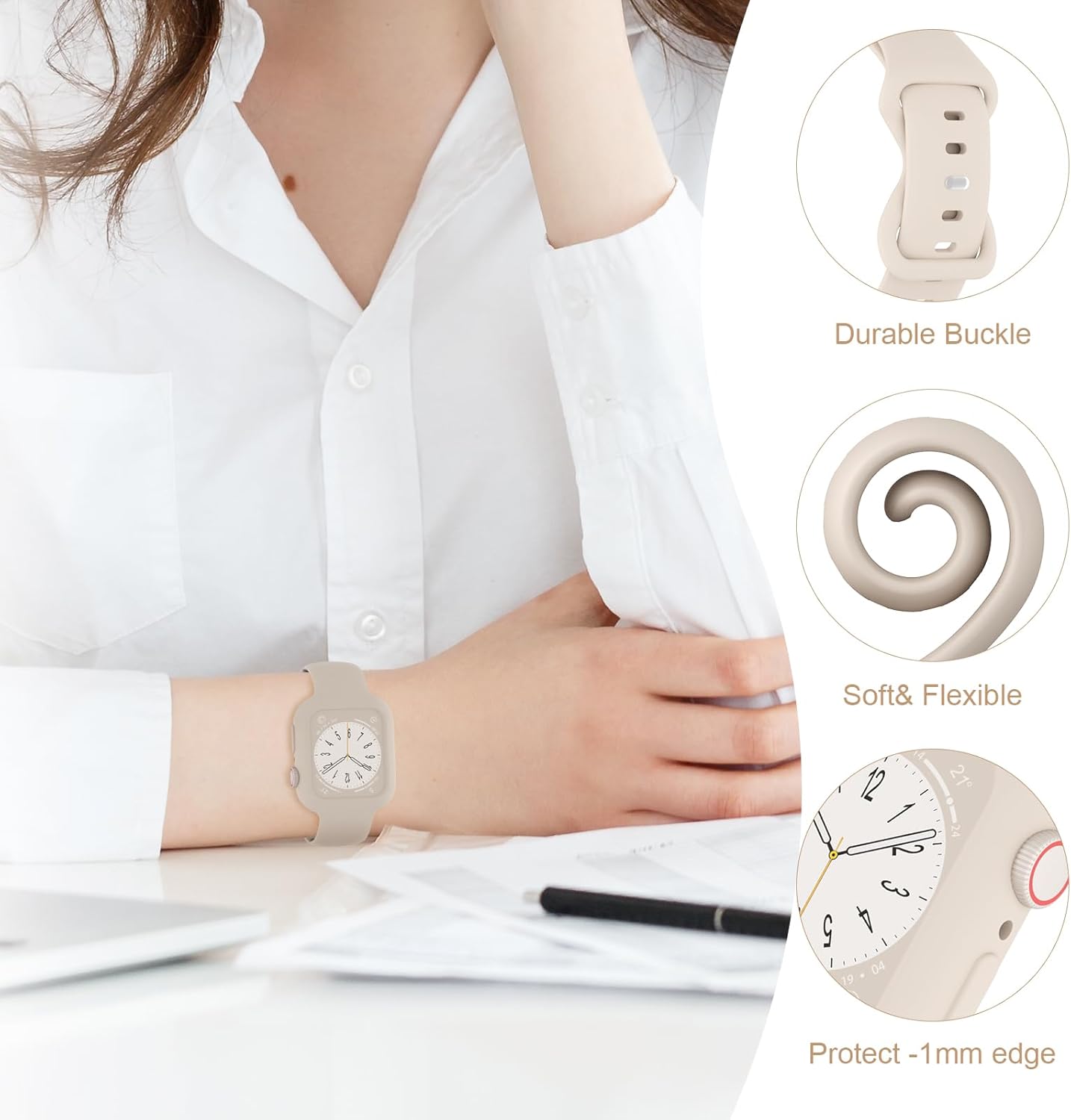 Correas de silicona con funda protectora compatible con Apple Watch Band de 1.496 in, 1.575 in, 1.614 in, 1.654 in, 1.732 in, 1.772 in, correa