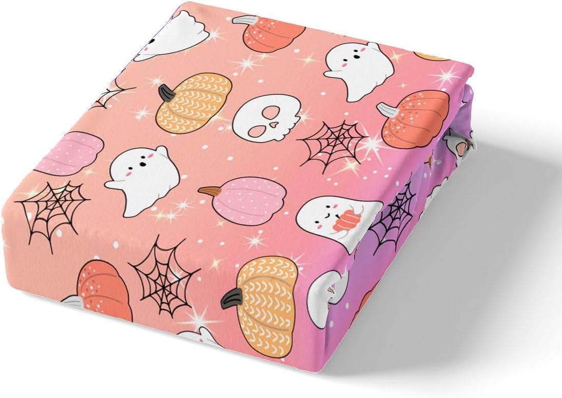 Bonita sábana bajera de fantasma, tamaño individual, para niños, para Halloween, para niñas, niños, caricatura, calabaza, farol, telaraña, calavera,