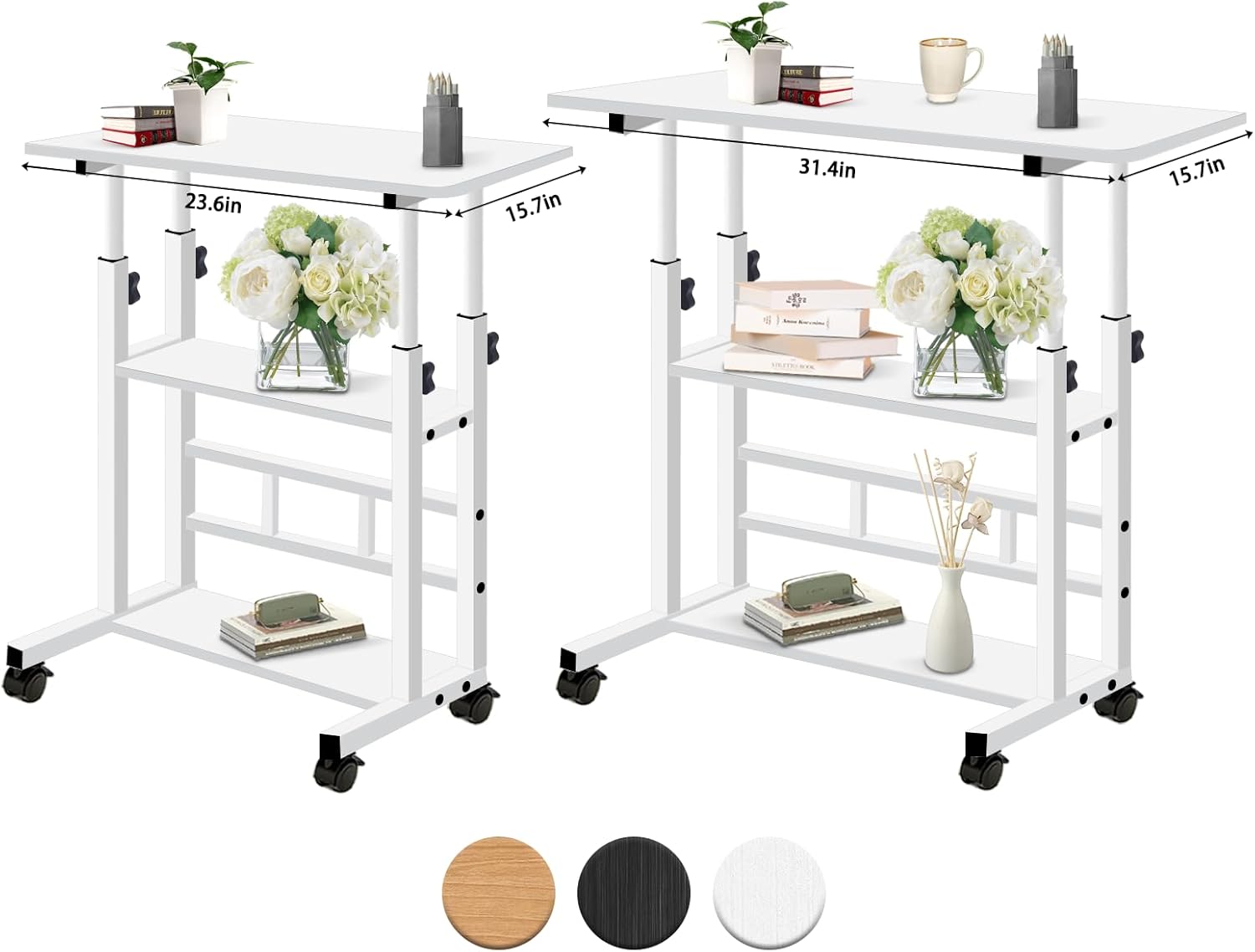 Escritorio de pie móvil, escritorio para laptop, altura ajustable, mesa con ruedas, estaciones de trabajo de computadora de almacenamiento de doble