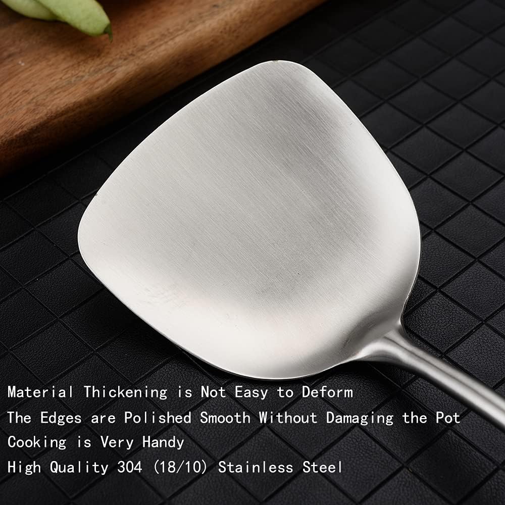 Utensilios de cocina Espátula de metal Wok 188 304 espátula de acero inoxidable con mango de madera resistente al calor, plata15.5 pulgadas