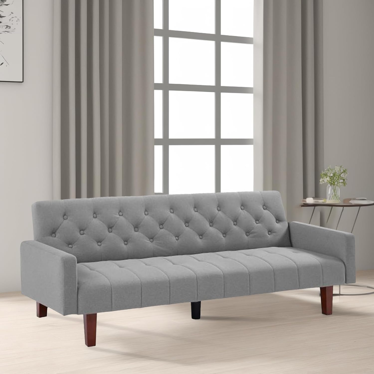Sofá cama convertible de mediados de siglo con respaldo copetudo gris con patas de madera cónicas para sala de estar, apartamento, sala de estar