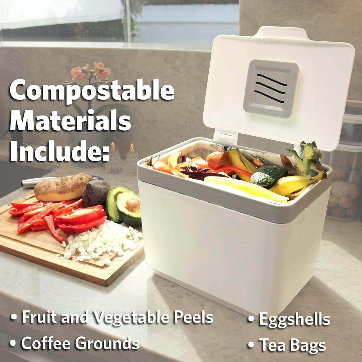 GLAD Contenedor de abono para cocina, 1.5 galones, recipiente de plástico con cesta interior extraíble, soporte de almacenamiento de bolsas y