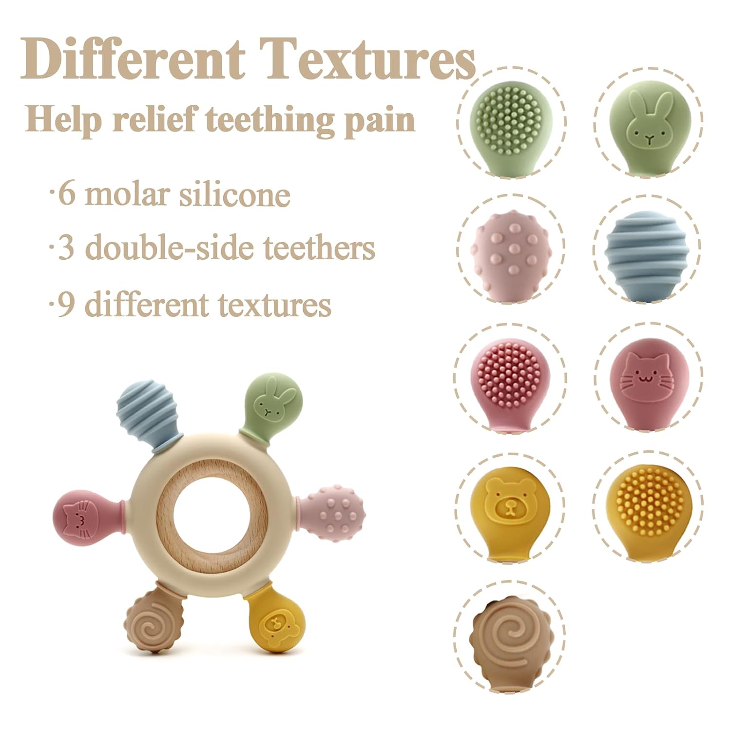 Juguetes de dentición de silicona, anillo de madera natural con cubierta de dentición de silicona, juguetes de dentición para bebés de 0 a 6 meses,