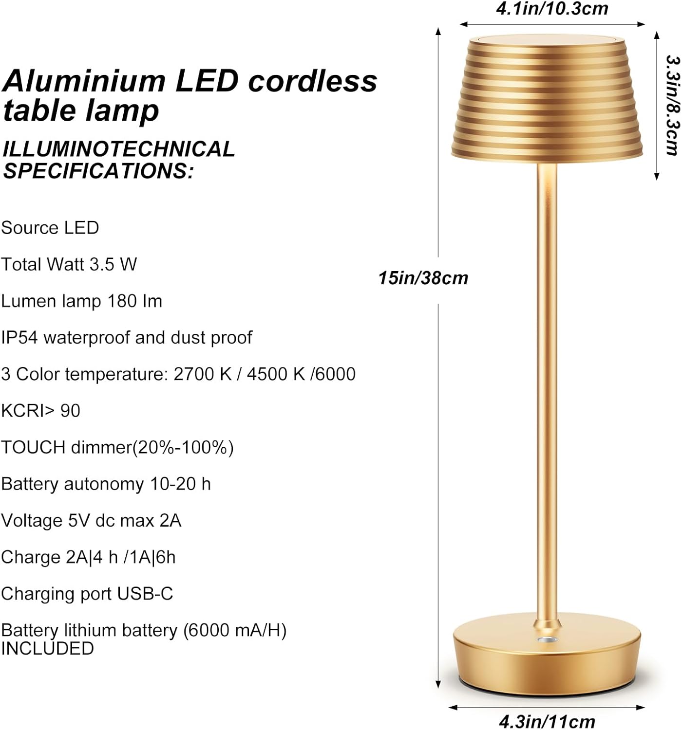 SAKRINGT Lámparas de mesa inalámbricas recargables, luz LED de mesa para exteriores, funciona con batería de 6000 mAh, 3 colores de temperatura,