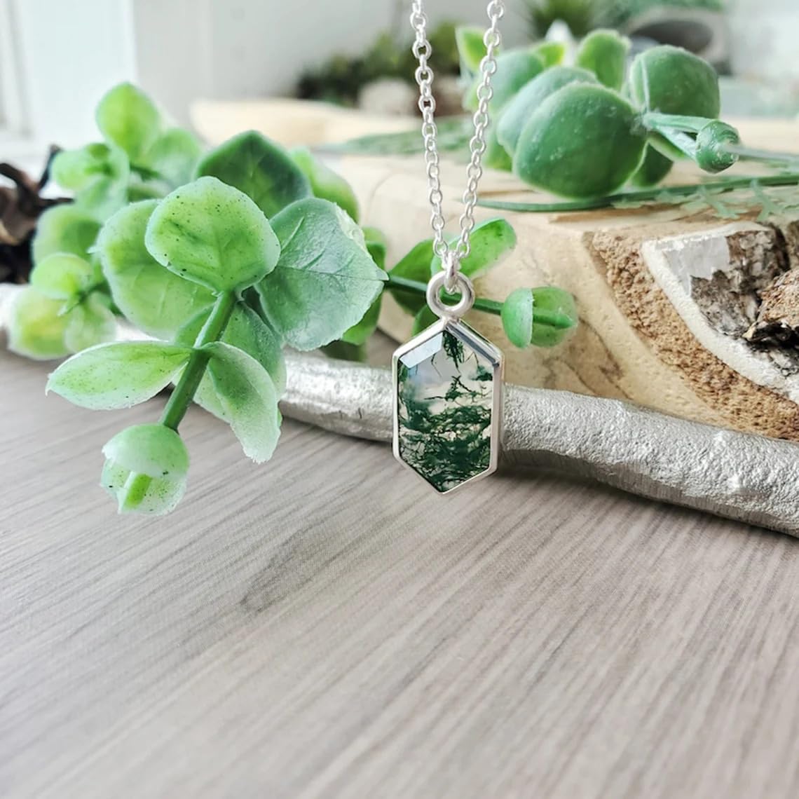 AAA Natural Moss Agate Pendant Necklace, Long Hexagon Moss Agate Pendant, Unique Gemstone Jewelry, Nature Inspired, Green Agate Necklace, Christmas