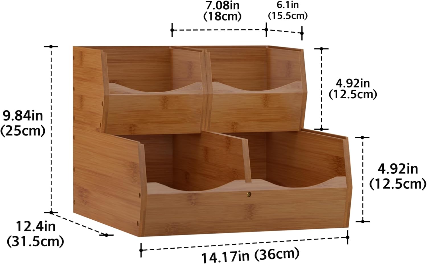 Contenedores apilables con frente abierto, almacenamiento apilable, juego de 3 piezas apilables de bambú para encimera de cocina para verduras,