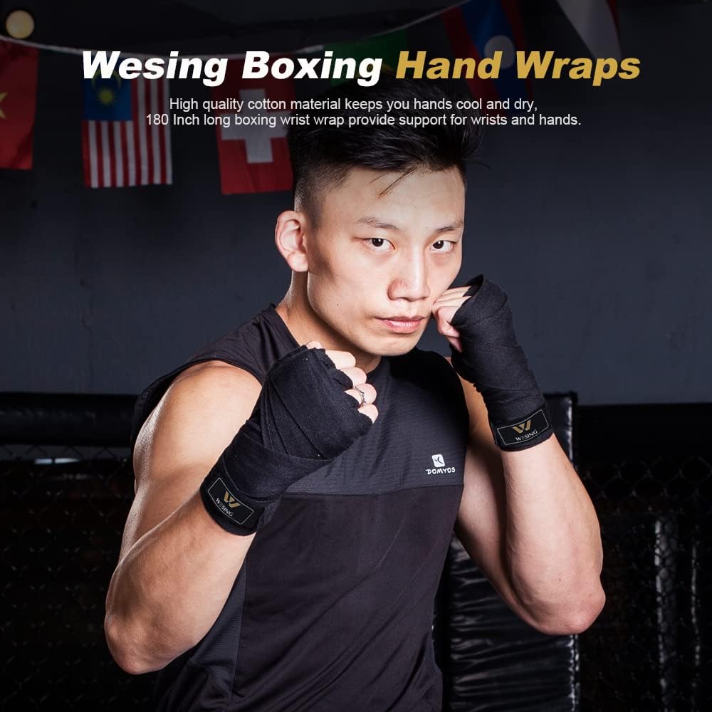 Wesing – Envolturas de mano de boxeo de 180 pulgadas, vendas de boxeo para Muay Thai MMA Kickboxing artes marciales Punching Sanda muñequeras de
