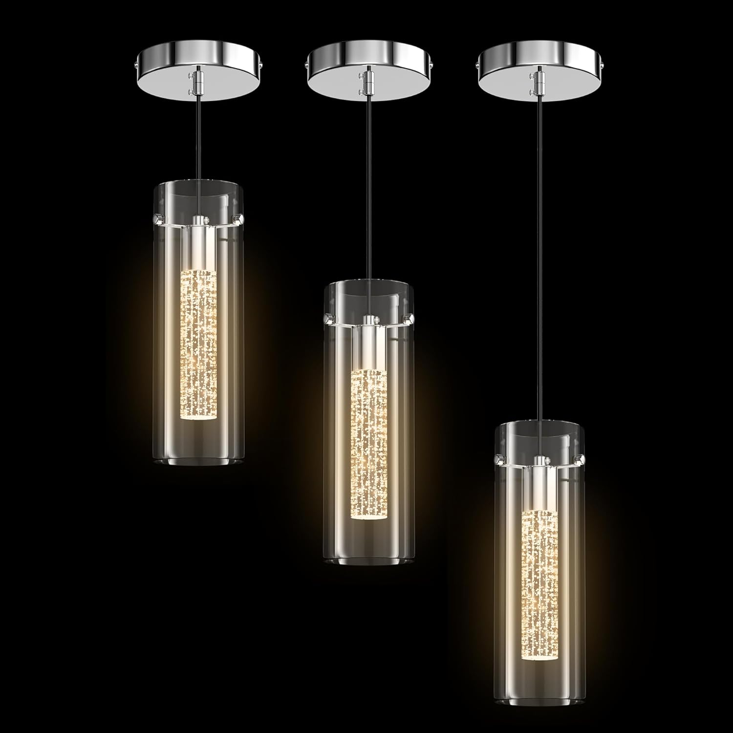 Aipsun Luces colgantes para isla de cocina, paquete de 3 lámparas colgantes de cristal con burbujas de cristal, 3000 K, lámpara LED moderna para