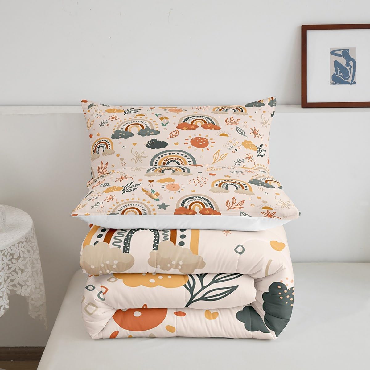 Juego de edredón bohemio con diseño de arco iris para niñas, estilo de mediados de siglo, bohemio, sol, hojas botánicas, floral, juego de ropa de