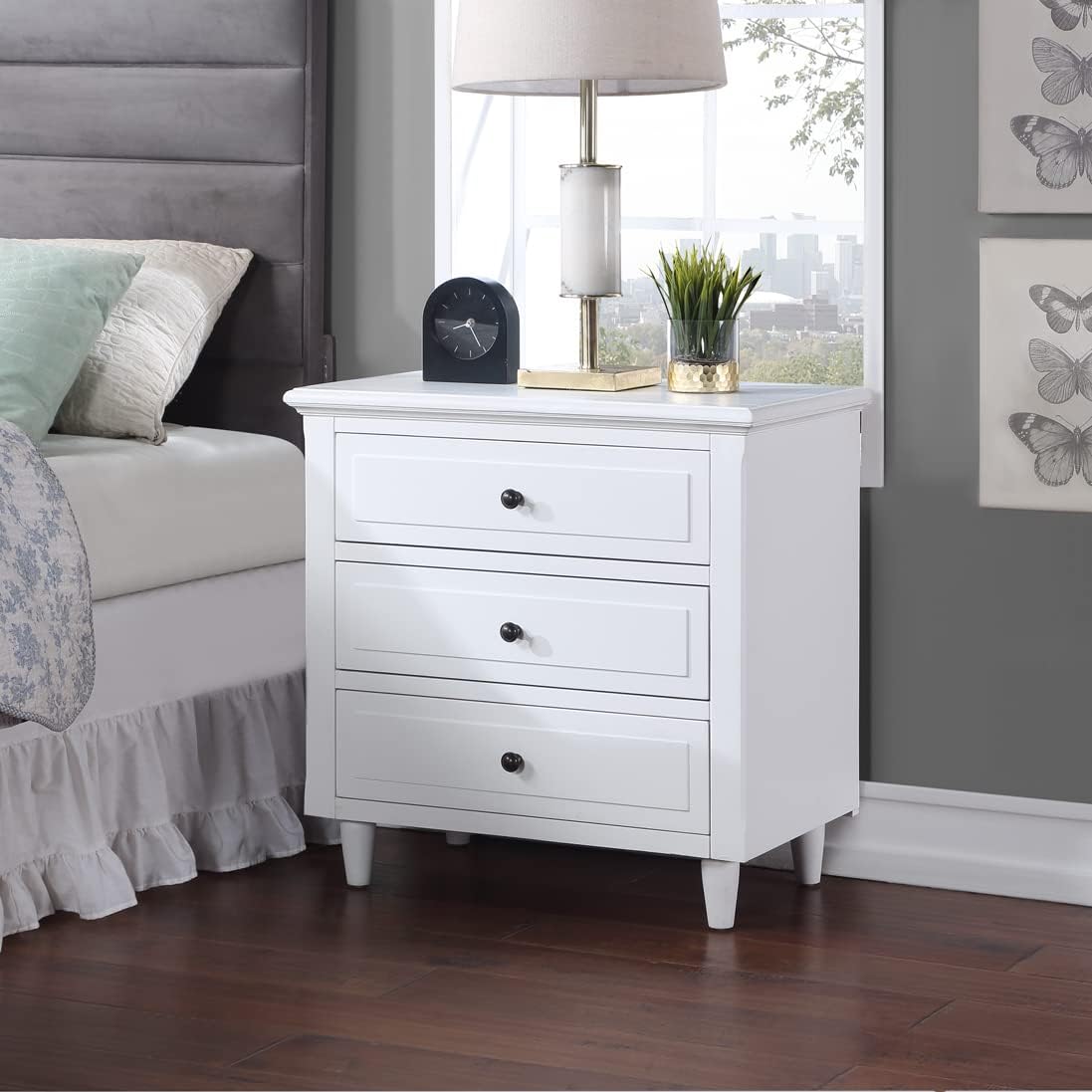 ARCLIS Mesita de noche con 3 cajones, moderna mesa auxiliar de madera, mesita de noche para dormitorio, sala de estar
