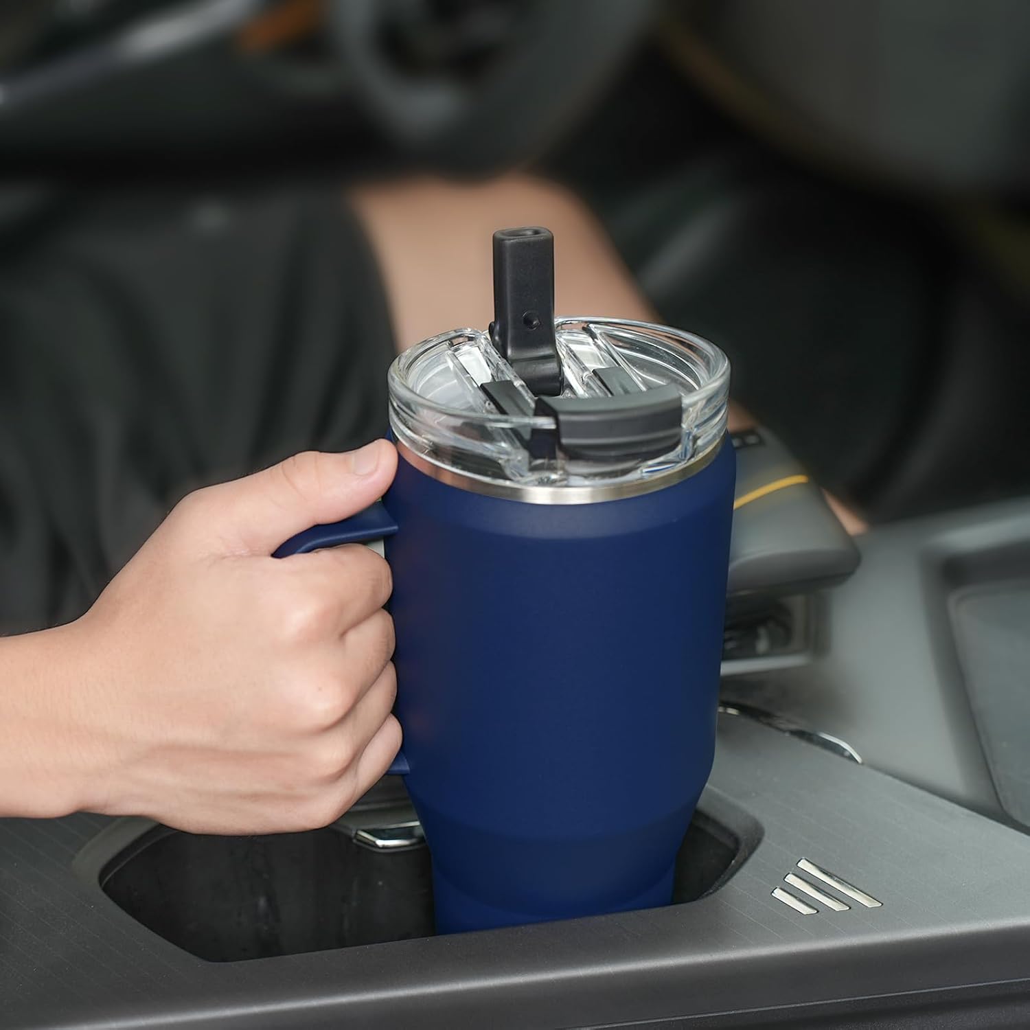 Sursip Vaso aislado de 40 onzas con mango de acero inoxidable y tapa con popote 2 en 1, taza de viaje de acero inoxidable de doble pared a prueba de