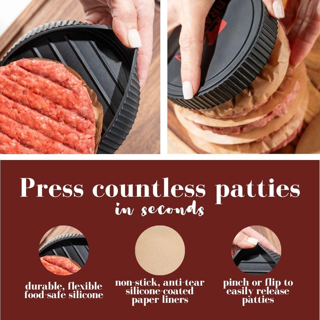 Hamburguesa Prensa para hacer hamburguesas con 100 papeles sin blanquear, prensa de hamburguesa para hamburguesas perfectas de 4.5-6 pulgadas, molde