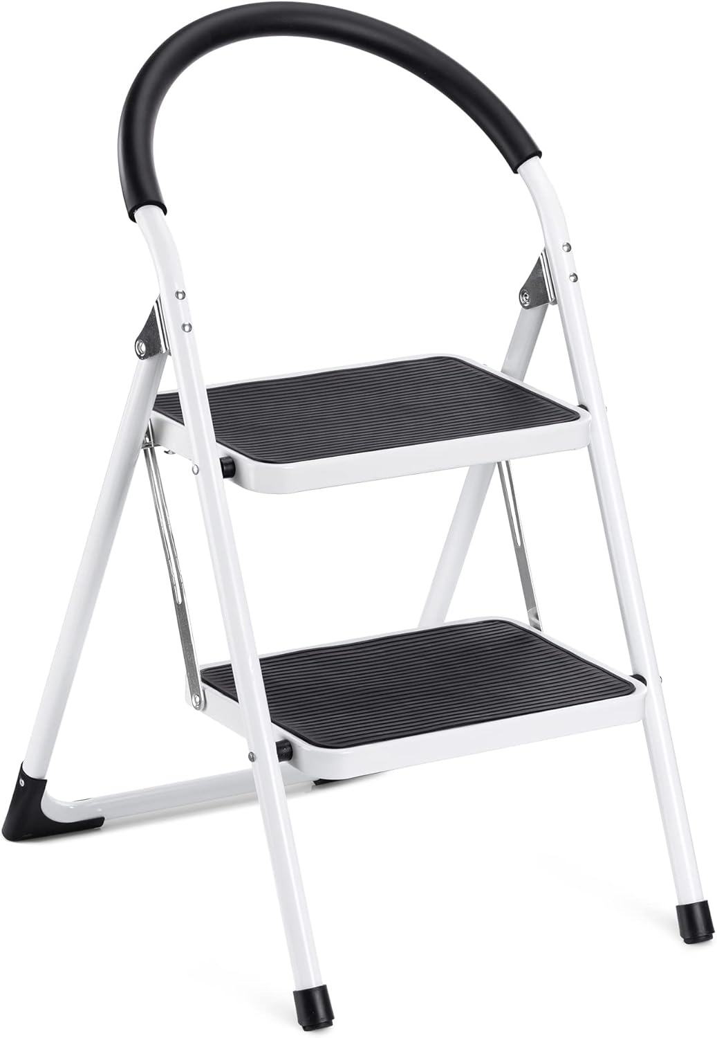 Navaris Escalera de acero de 2 escalones  Pequeña escalera plegable plegable plegable para el hogar para cocina con alfombrillas antideslizantes