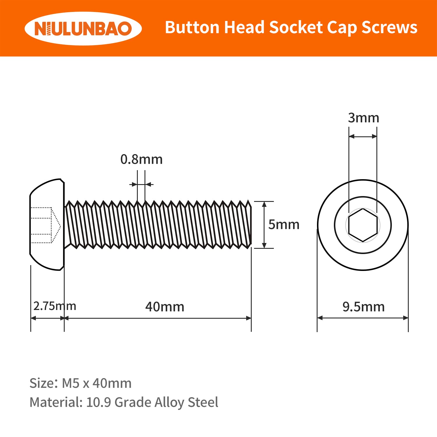Tornillos de cabeza de botón M5-0.031 x 1.575 in, tornillos de acero de aleación de grado 10.9, acabado de óxido negro, rosca completa a máquina,