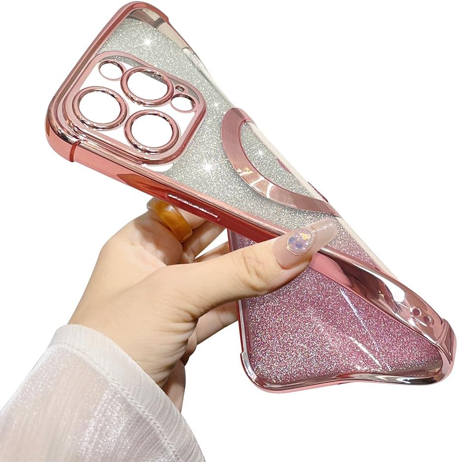 AIGOMARA Funda magnética transparente con purpurina para iPhone 15 Pro, compatible con Magsafe, cubierta de TPU suave chapado de lujo con corazones
