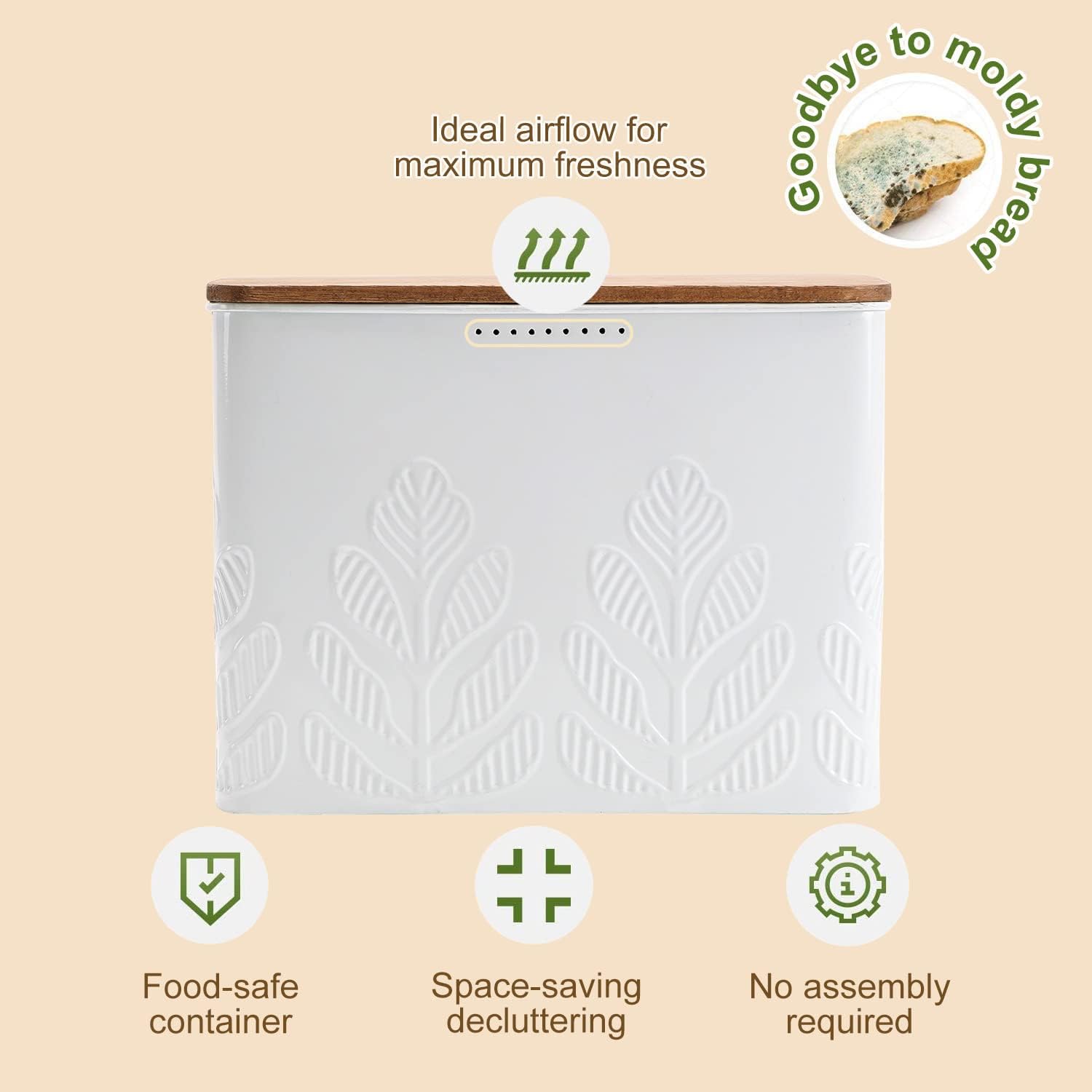 NIKKY HOME Caja de pan blanca extragrande que ahorra espacio con tapa de madera, capacidad para 2 panes, contenedor vertical para almacenamiento de