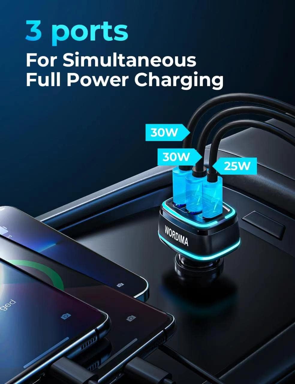 Cargador de coche USB C, cargador rápido WORDIMA de 85 W, 3 puertos, adaptador para encendedor de cigarrillos, compatible con iPhone 15, 14, 13, 12