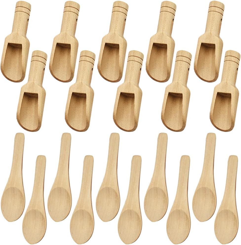 20 mini cucharas de madera, dos estilos y longitudes de mini cucharas se utilizan para condimentos, sal de baño, detergente en polvo, producción