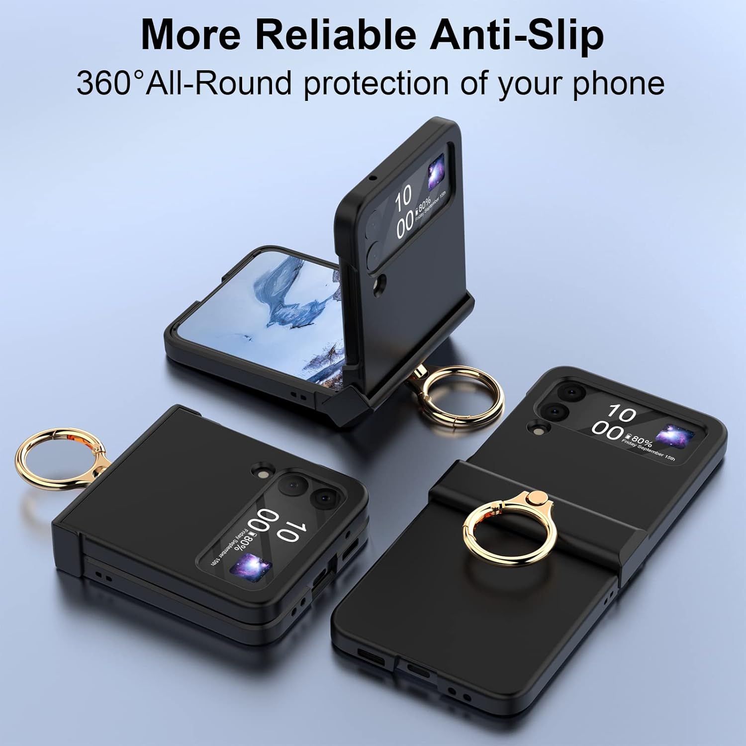 Funda compatible con Galaxy Z Flip 4 con protección de bisagra y soporte de anillo, funda protectora delgada y fina para Samsung Z Flip 4 5G (negro)