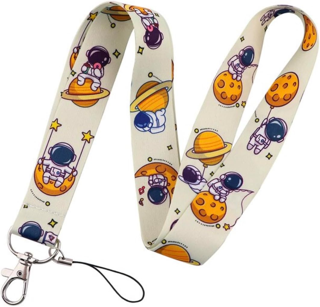 Astronauta Space Moon Stars Planets Saturn Solar System Kawaii 17.7″ Cuello Lanyard Holder ID Badge Mobile Phone Pin Strap, Azul