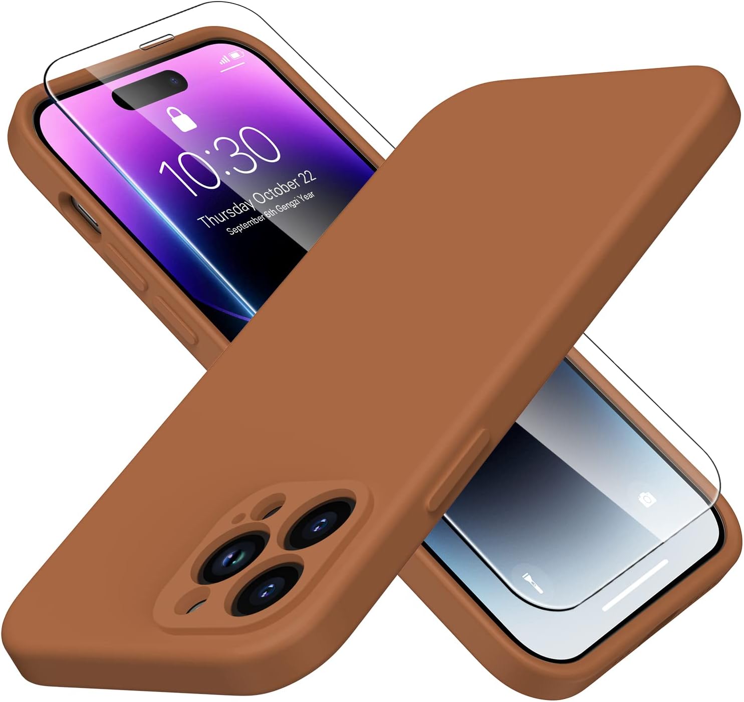 Funda para iPhone 14 Pro con protector de pantalla, protector de lente de cámara mejorado, cubierta de silicona líquida suave de cobertura completa,