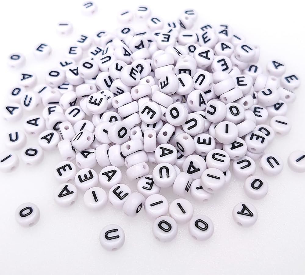 Más de 200 cuentas de letras de vocal A-E-I-O-U de 0.157 x 0.276 pulgadas para la fabricación de joyas, alfabeto mixto redondo blanco a granel
