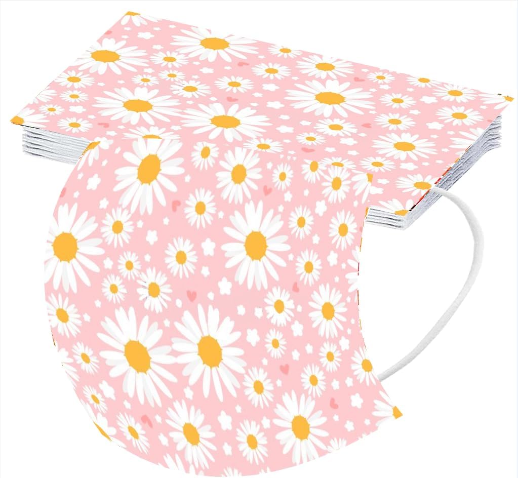 50 cubrebocas desechables con estampado floral de primavera con diseños para adultos, 3 capas con alambre para la nariz