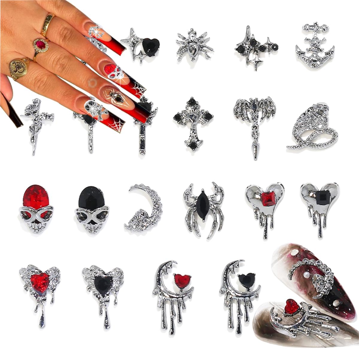 22 dijes para uñas de Halloween, diamantes de imitación plateados 3D para uñas, dijes de aleación de araña, calavera para decoración de uñas, cruz