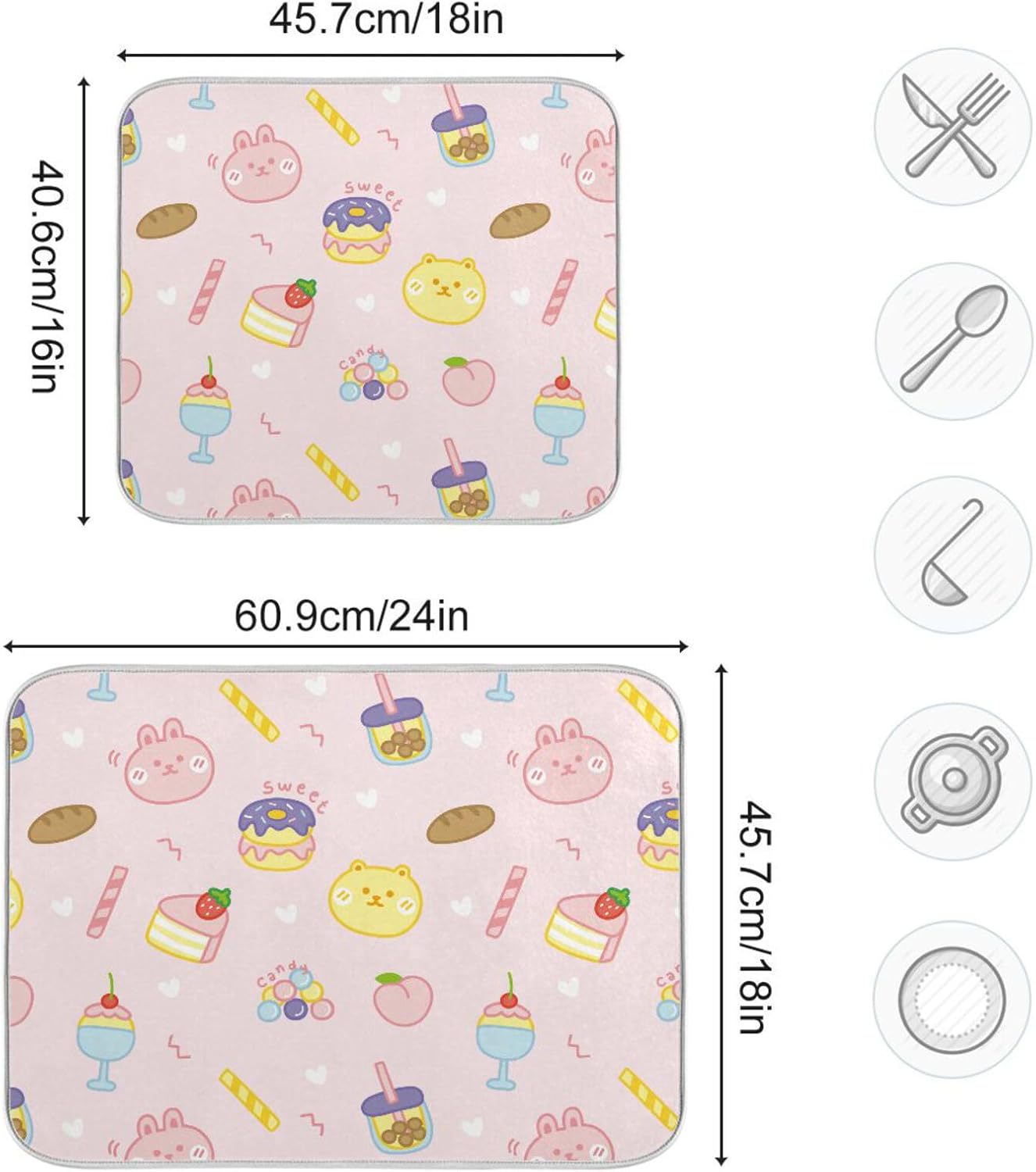 Cute Dessert Rabbit Donut Bubble Tea Peach Dish Mat Washnable Absorbent Kitchen Mat For Counter Drying Mats For Countertop Tapete Para Cocina 16” x