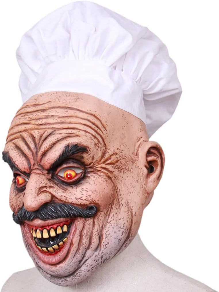 Yeahii Máscara realista de látex barbudo para chef, carnicero, Halloween, casa encantada, fantasma, mascarada, cosplay, accesorios aterradores