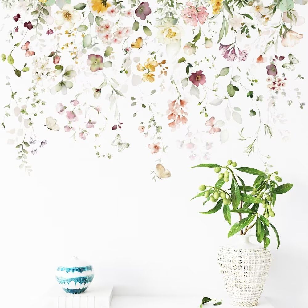 AWAKINK Calcomanías de pared de plantas, hojas, murales, acuarela, flores, vinilo, removibles, mariposas, arte de pared, bricolaje, despegar y