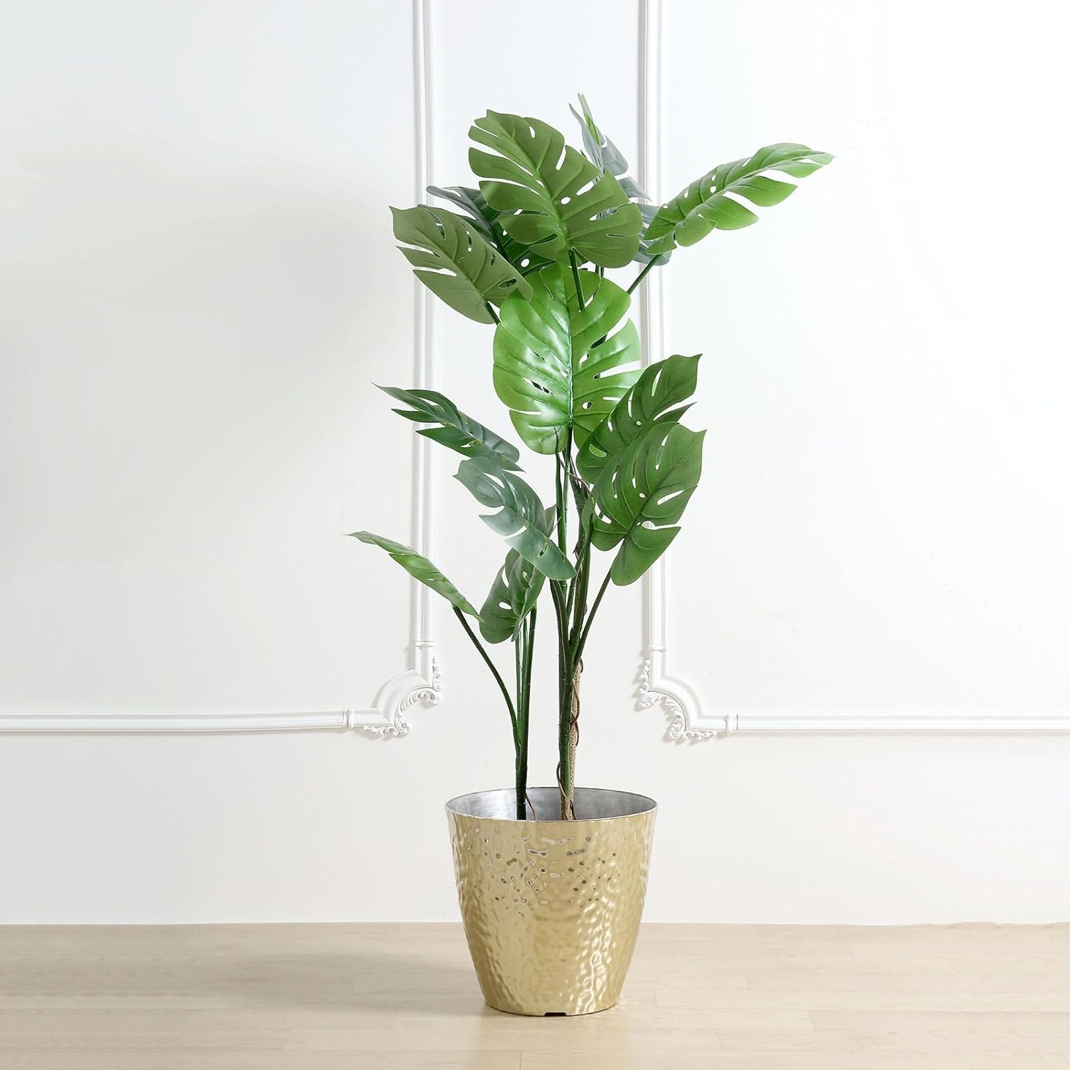 Efavormart – Maceta de polipropileno dorado de 11 pulgadas para interiores, maceta para plantas con diseño martillado metálico