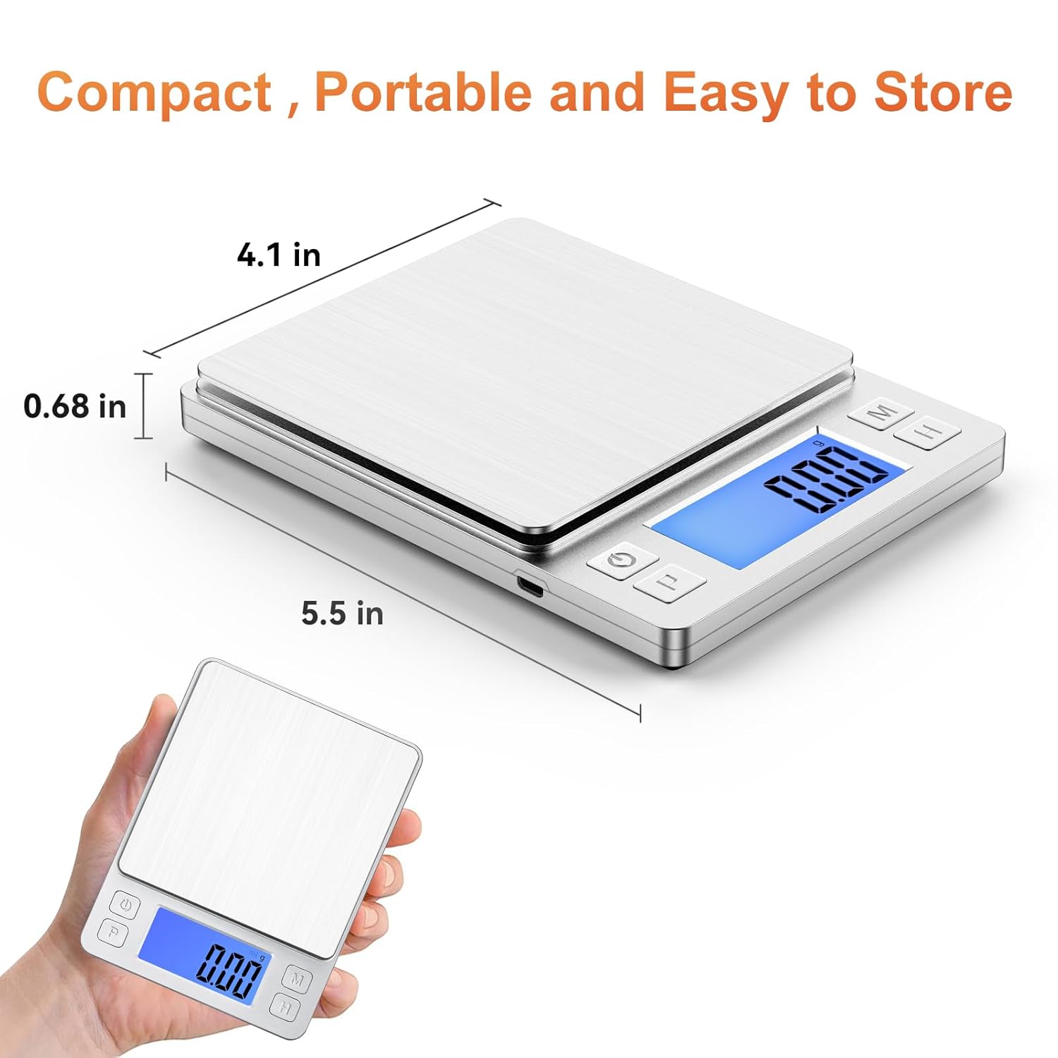 BOMATA Escala digital pequeña mejorada de 0.00 oz2.2 lbs, recargable por USB, con pantalla y retención más grandes, función de tara, 9 unidades,