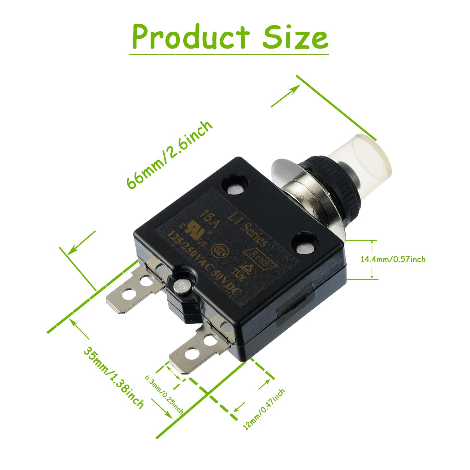 Disyuntor de botón de reinicio manual de 15 A, 125250 V, CA, 50 V, CC, protector de sobrecarga térmica con terminales de conexión rápida y tapas de