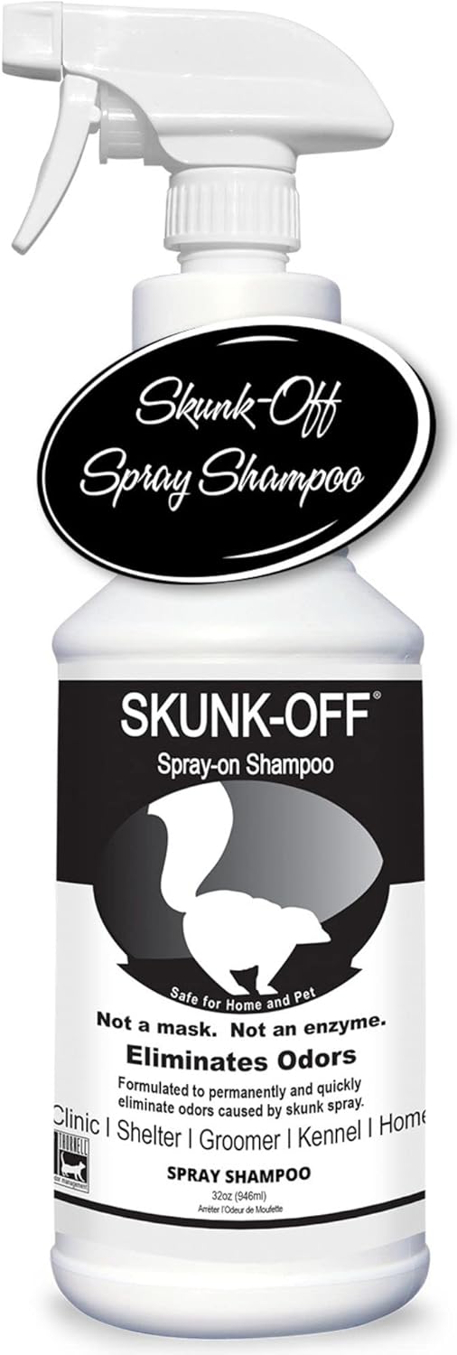 Skunk-Off Champú (32 onzas) Seguro para la cabeza y la cara – Eliminador de olores Skunk listo para usar para perros, gatos, hogar, alfombra, coche