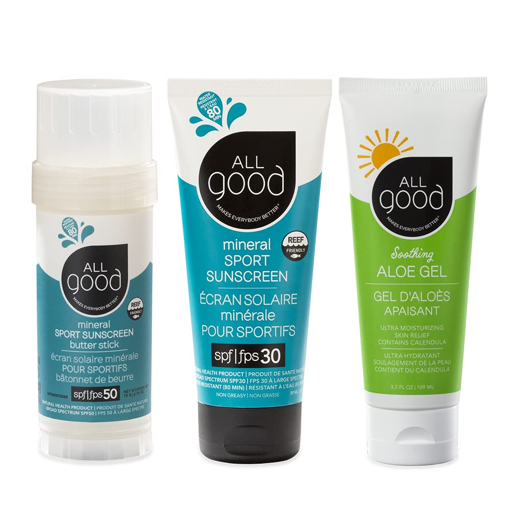 All Good Sport – Paquete de protector solar mineral y gel de aloe, amplio espectro UVAUVB, resistente al agua, incluye (1) barra de mantequilla SPF