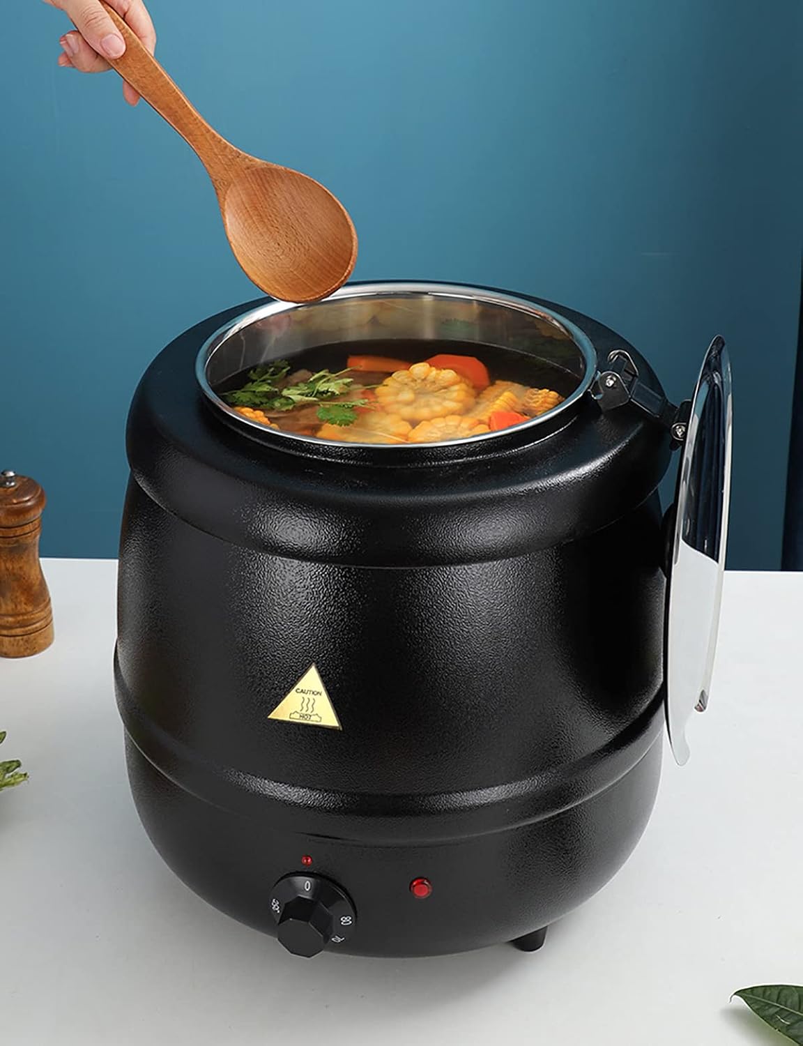 Calentador de tetera de sopa comercial, calentador de 11 cuartos de galón con tapa con bisagras y olla de inserción de acero inoxidable desmontable