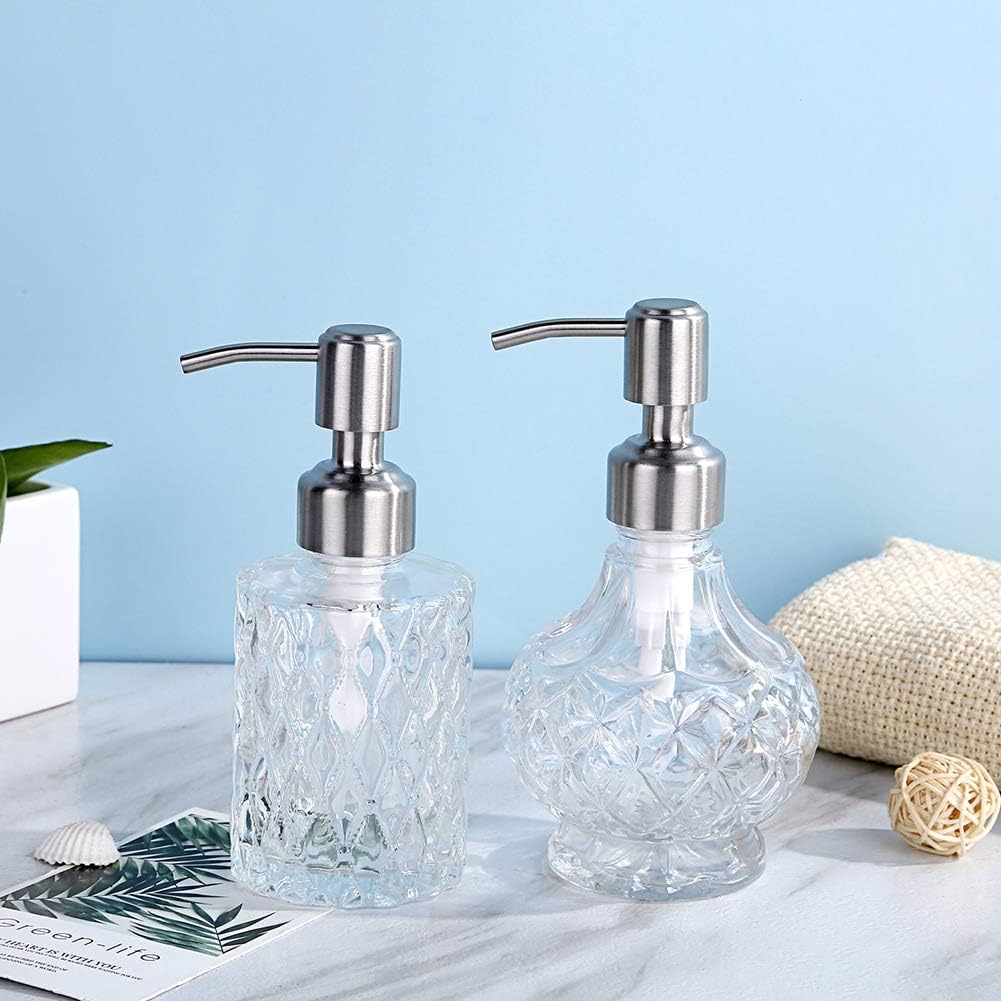 YunNasi Dispensador de jabón con bomba de acero inoxidable, diseño de cristal transparente, vintage y elegante, dispensadores de jabón líquido