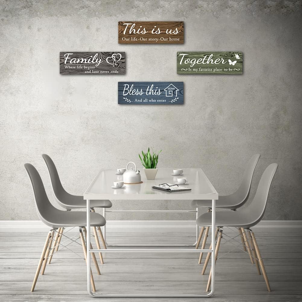 4 Pieces Home Wall Decor Signs, This is Us Together Bless this Family Rustic Wooden Wall Art with Quotes for Living Room Bedroom Kitchen Farmhouse