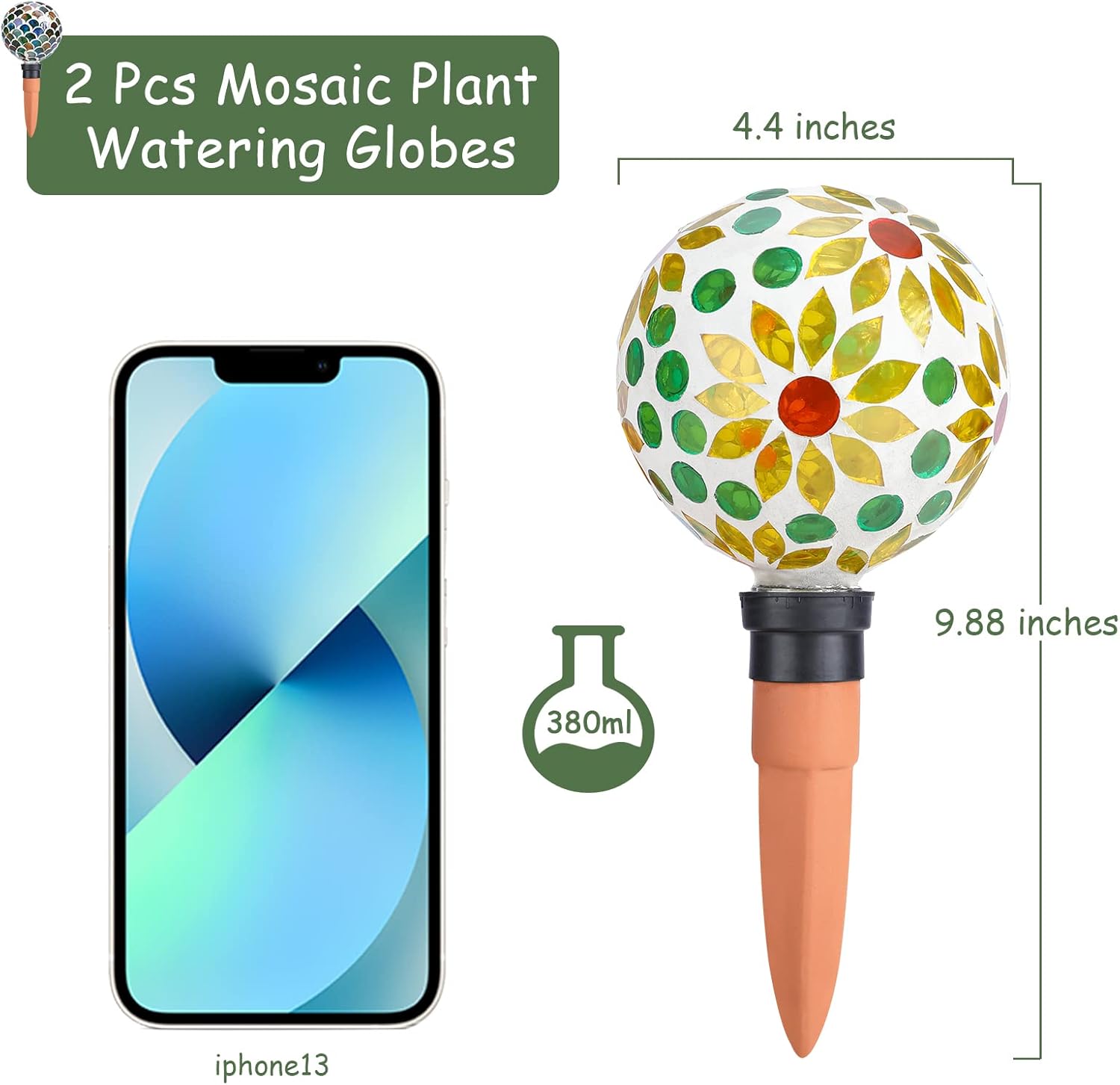 Globos de riego de plantas, picos de riego automático de mosaico, paquete de 2 para plantas de interior y exterior, dispositivos de riego automático