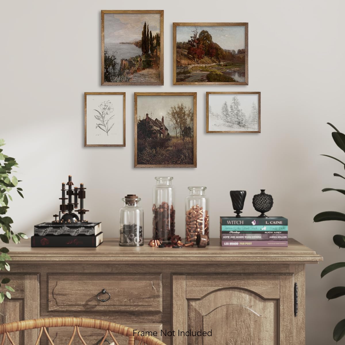 Boho Art Deco Landscape Pictures for Bathroom – Neutral Aesthetic Vintage CottageCore – Fall Autumn Lake River Nature Meadow – French Country