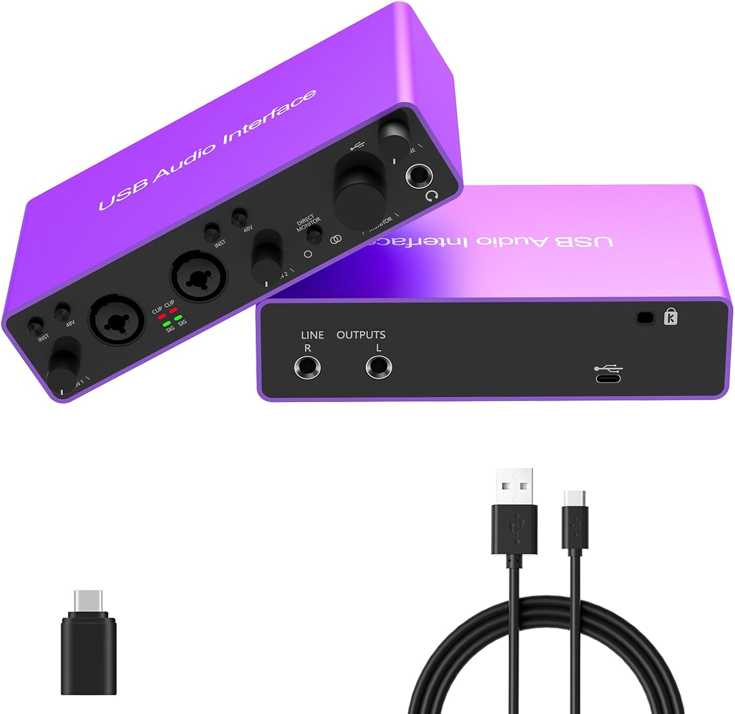 Interfaz de audio USB 2i2 con alimentación fantasma de 48 V 24 bits192 kHz Plug and Play para grabación, podcasting, transmisión, grabación,
