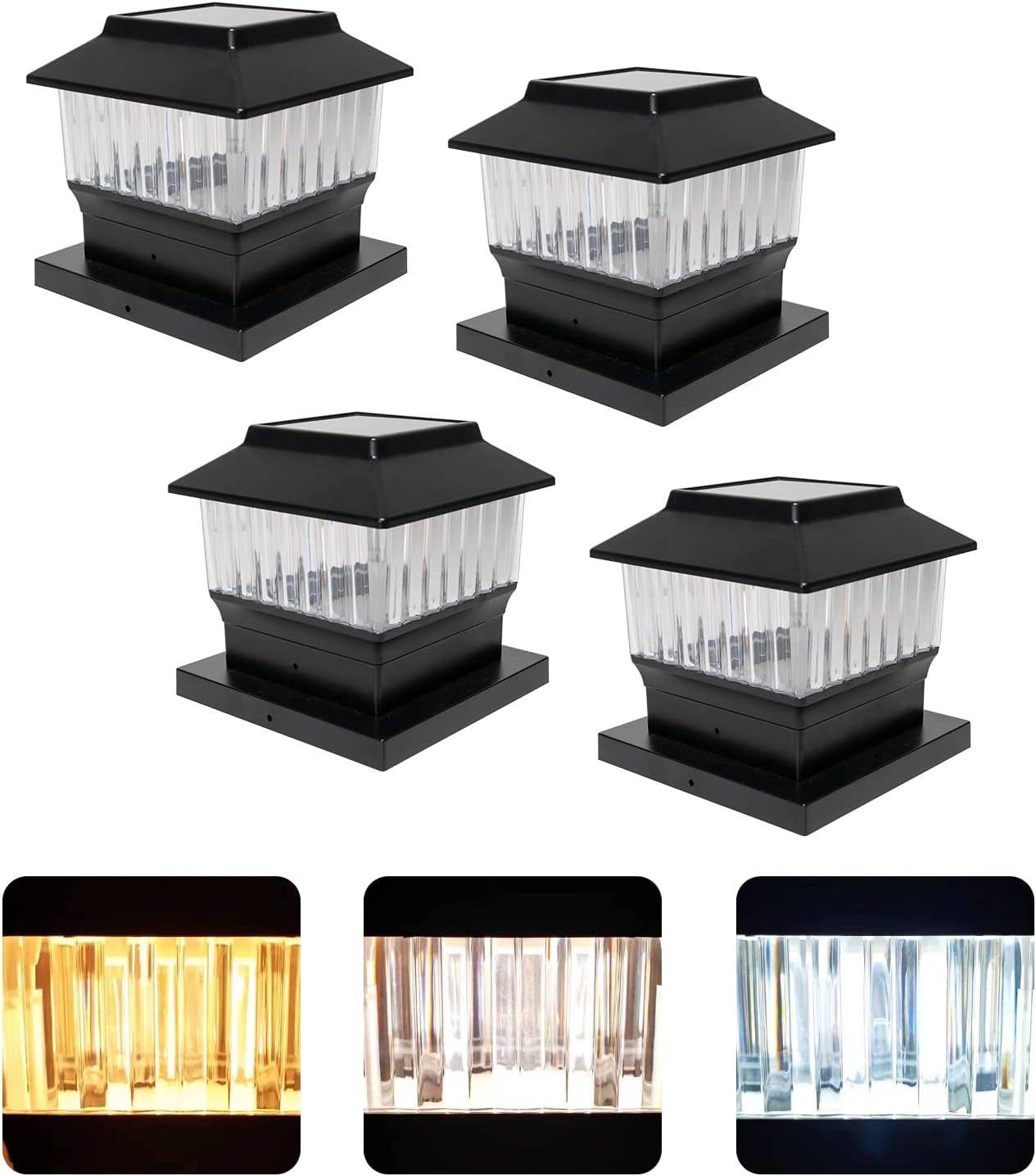 Luces solares de 50 lúmenes para postes de 4 x 4 pulgadas y 5.5 x 5.5 pulgadas, tres LED de color seleccionables, filamento LED de alto brillo para