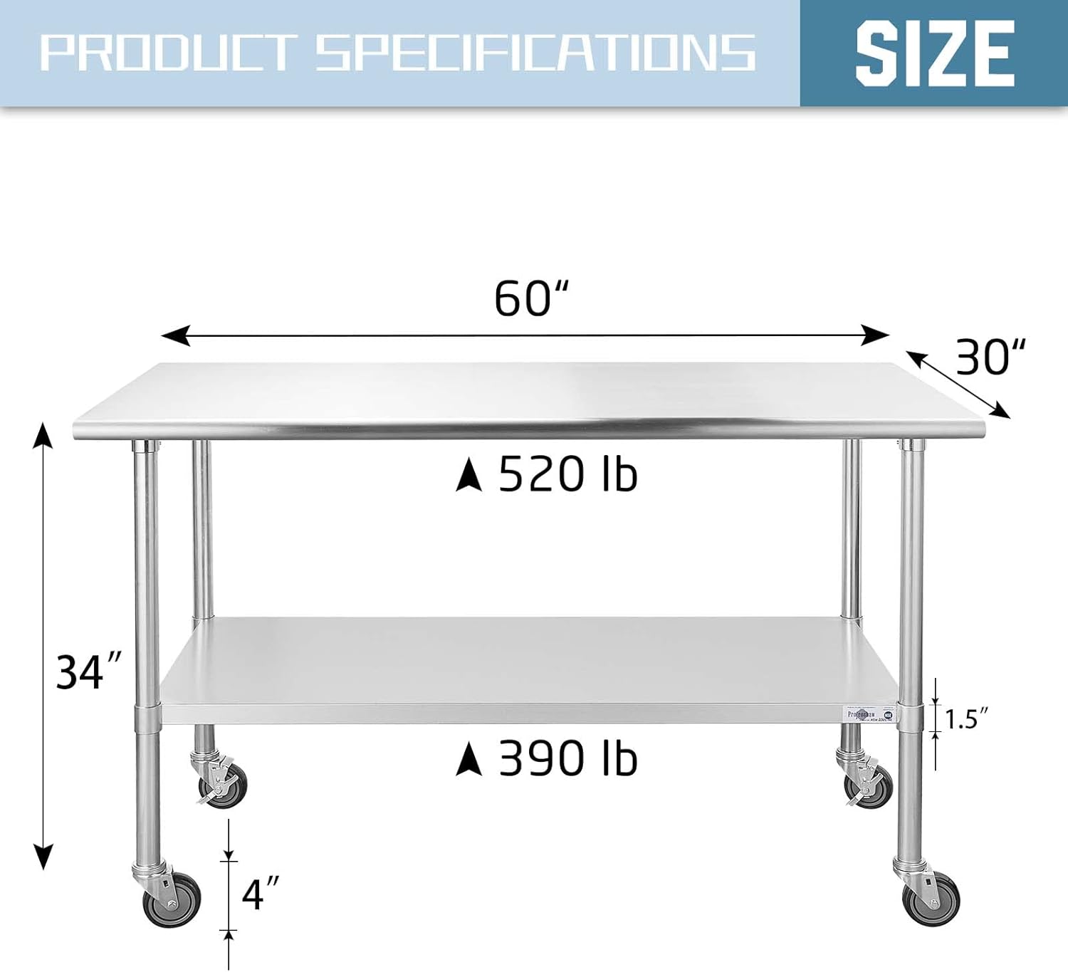 Hally – Mesa de acero inoxidable para preparación y trabajo, 30 x 60 pulgadas, con ruedas giratorias, mesa comercial resistente NSF con estante