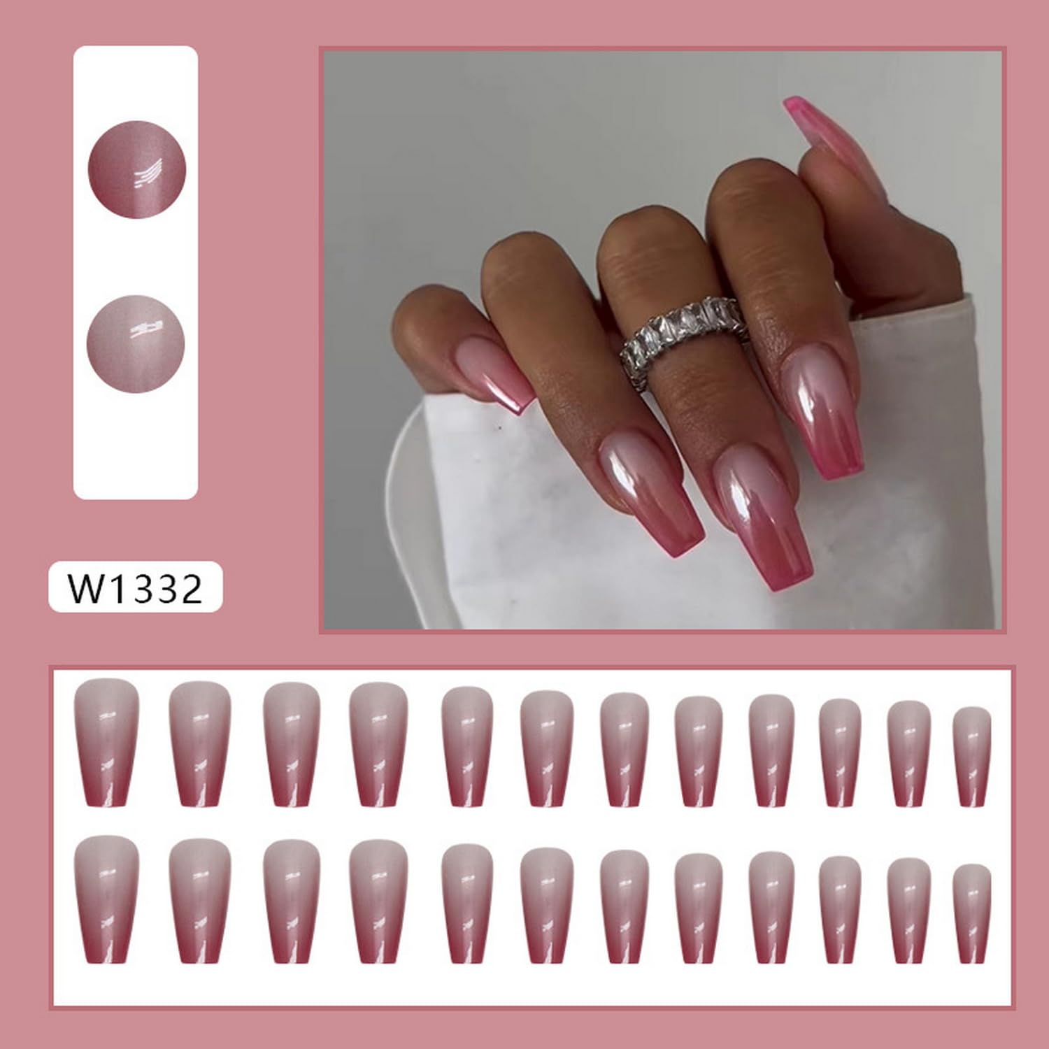 Uñas postizas francesas largas a presión con diseño de aurora cromada, uñas postizas adhesivas de color rosa francés, con espejo, brillantes, uñas