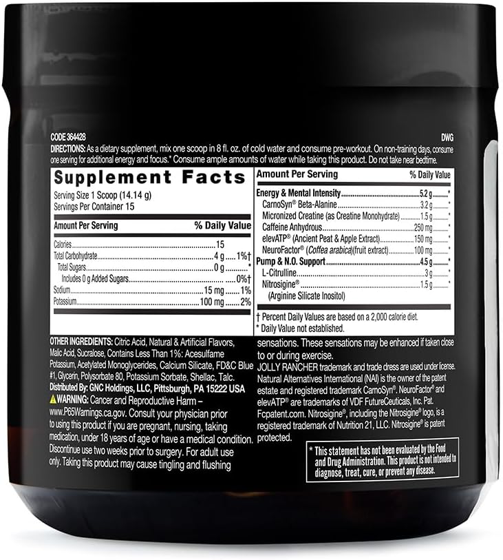 BEYOND RAW LIT  Polvo de preentrenamiento dosificado clínicamente  Contiene cafeína, L-citrulina, beta-alanina y óxido nítrico  Jolly Rancher Blue