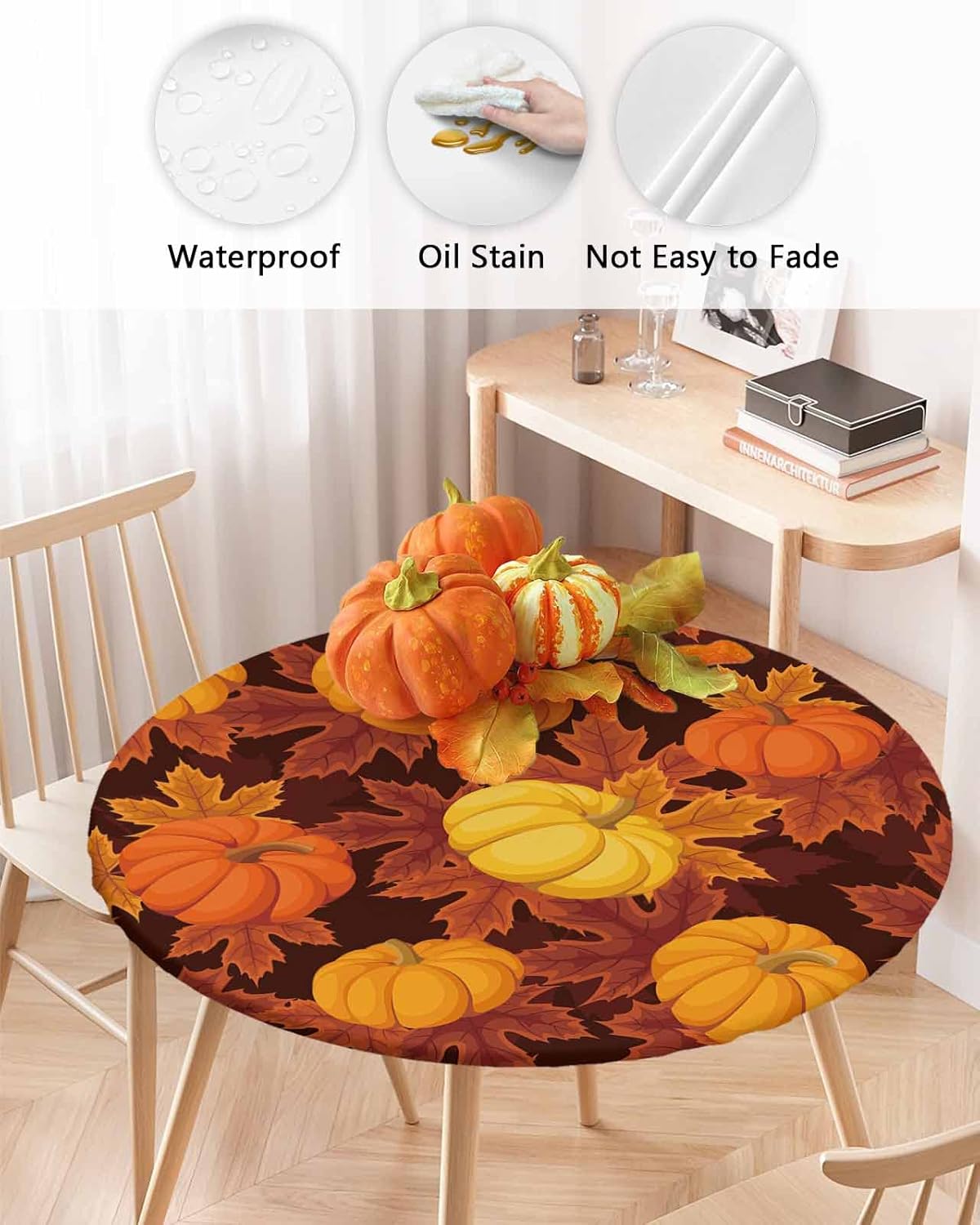 Mantel redondo ajustable con diseño de hojas de arce y calabaza de otoño, mantel con borde elástico, impermeable, mantel circular de cosecha de