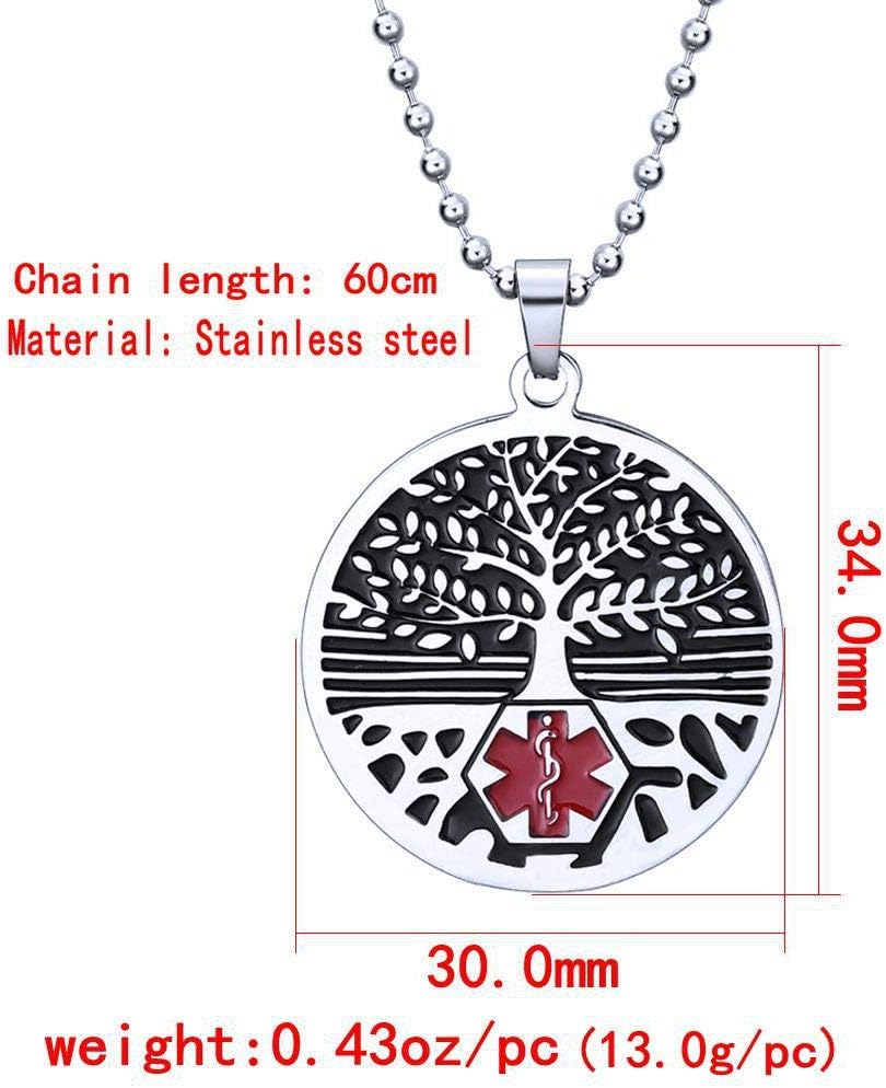 Collar de primeros auxilios de emergencia de identificación de alerta médica del árbol de la vida de acero inoxidable
