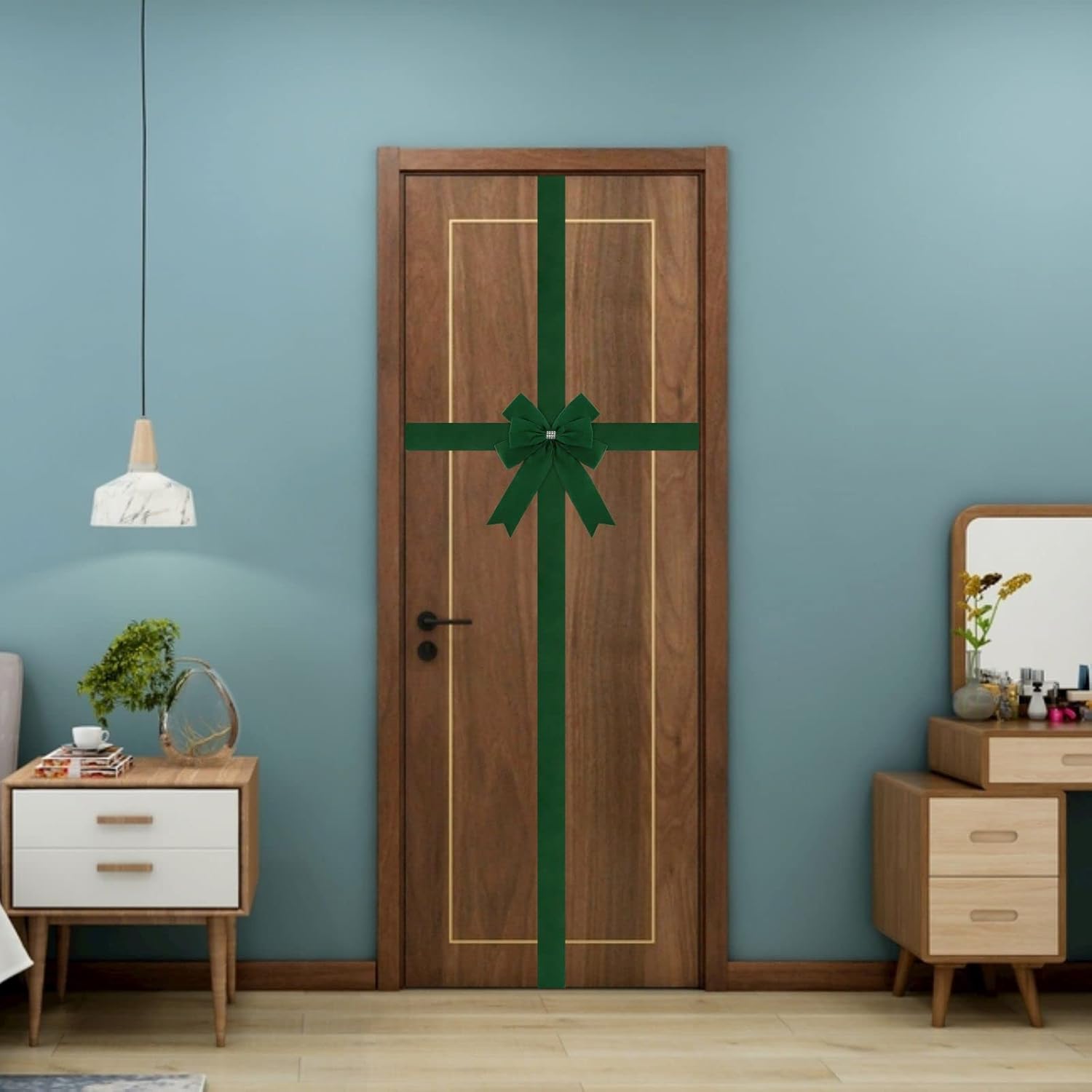 Meseey 1 lazo grande de terciopelo verde navideño para puerta de gabinete, lazos para puerta de puerta, corona de Navidad, arco de Navidad,